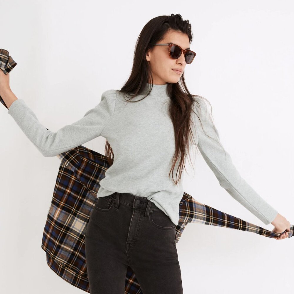 MADEWELL (Re)sourced Plush Mockneck Ribbed Puff-Sleeve Top in Sage Mist